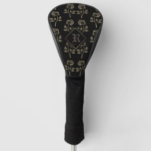 Elegant Black & Gold Roses Monogrammed Golf Head Cover