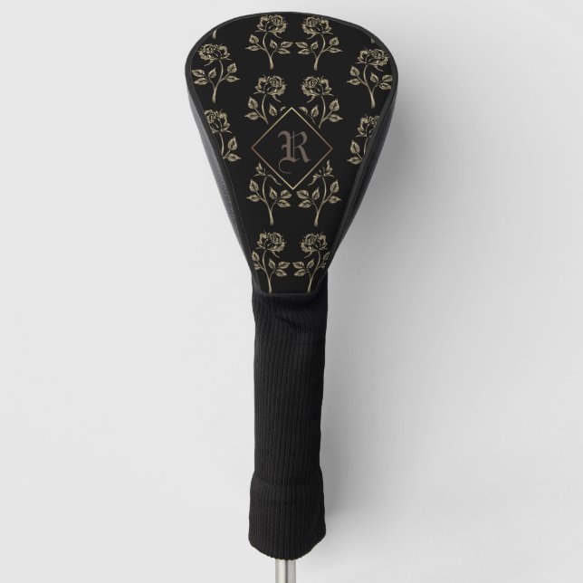 Elegant Black & Gold Roses Monogrammed Golf Head Cover (Front)