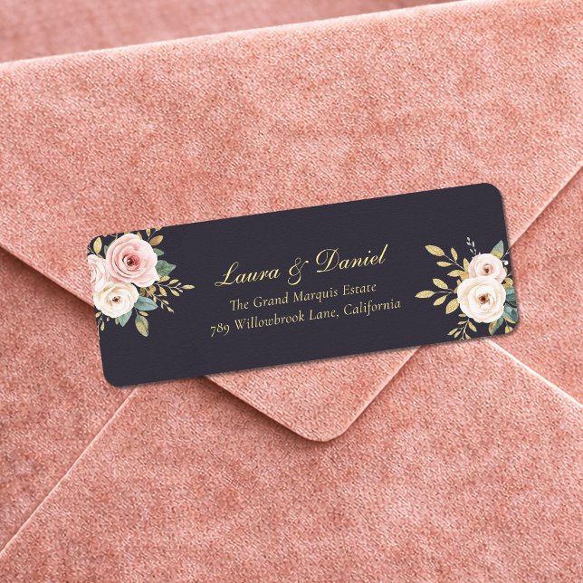 Elegant Black & Gold Roses Return Address Label (Creator Uploaded)