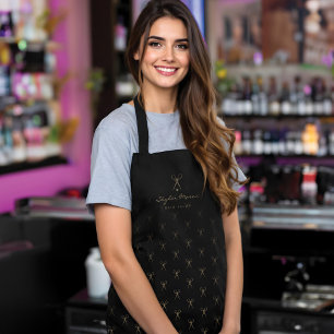 Elegant Black Gold Scissor Pattern Hair Salon Logo Apron
