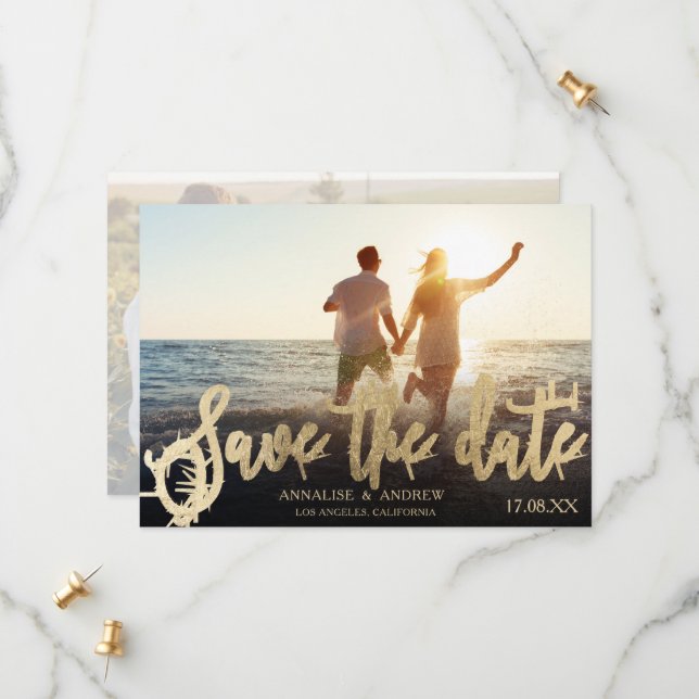 Elegant black gold script 2 photos save the date (Front/Back In Situ)