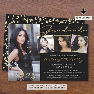 Elegant Black Gold Script 4 Photo Graduate Invitation