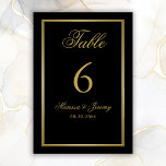 Elegant Black Gold Script Calligraphy Wedding Tabl Table Number<br><div class="desc">These elegant custom wedding table cards will add a touch of class to your wedding place settings. This modern design template features faux gold typography framed in a shiny faux gold border on a black background. Below the table number is your first names in faux gold calligraphy and wedding date...</div>