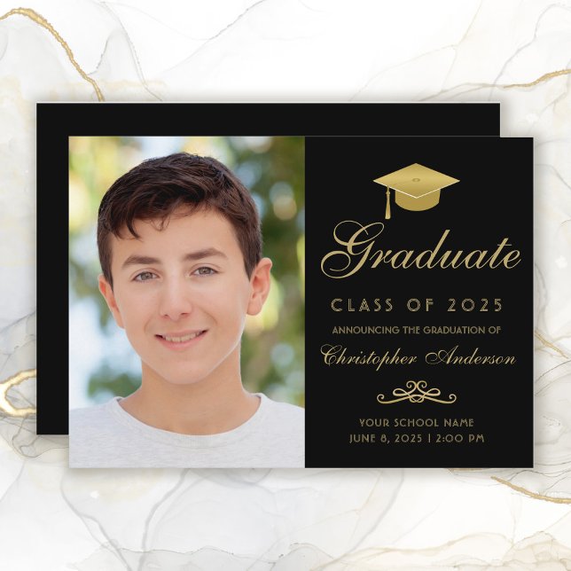 Elegant Black Gold Script Cap Photo Graduation Announcement (Black and gold graduation announcement for boys)