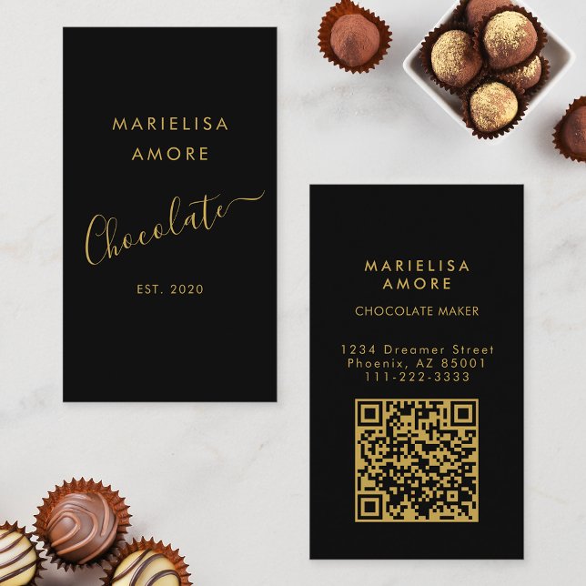 Elegant Black Gold Script Chocolate Qr Code Business Card (Creator Uploaded)