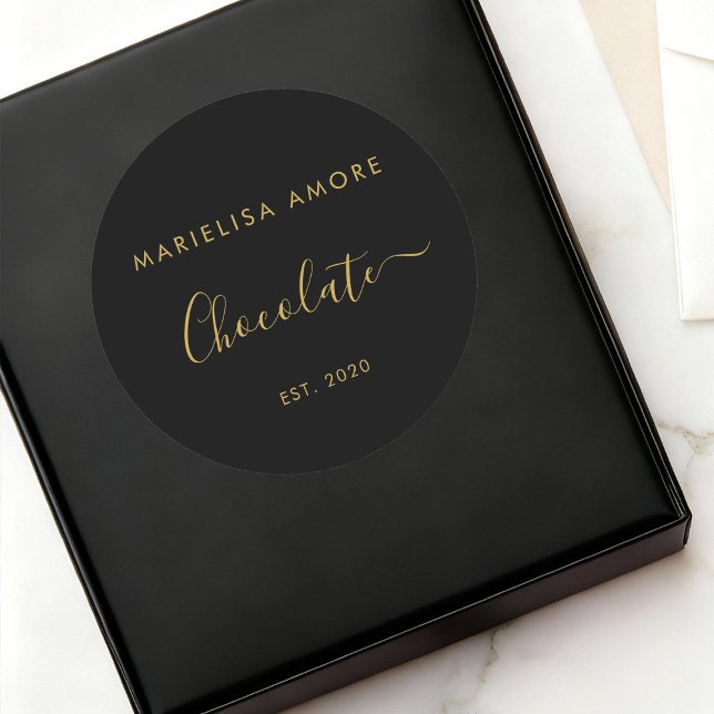 Elegant Black Gold Script Chocolatier Qr Code Classic Round Sticker (Creator Uploaded)