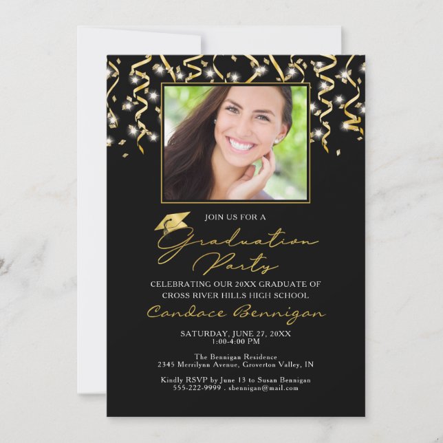Elegant Black Gold Script Confetti Graduate Invita Invitation (Front)