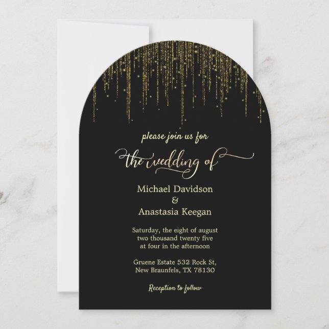 elegant black gold script dripping glitter wedding invitation (Front)