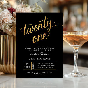 Elegant Black & Gold Script Eighteen 21st Birthday Invitation