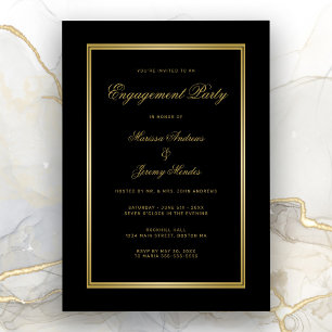 Elegant Black Gold Script Engagement Party Invitation