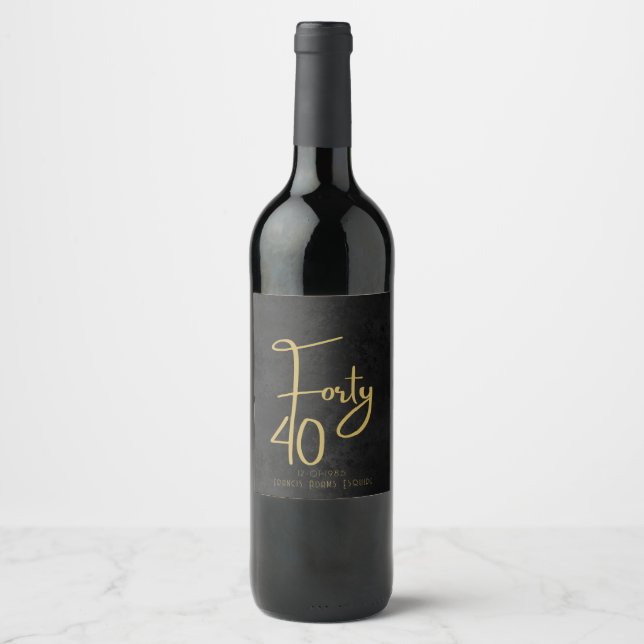 Elegant Black & Gold Script Forty Modern Birthday Wine Label (Front)