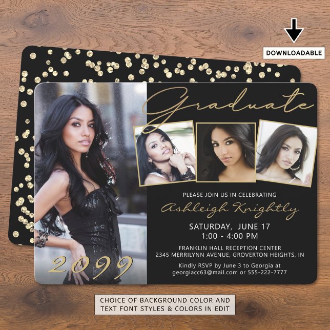 Elegant Black Gold Script Graduate 4 Photos Invitation (Creator Uploaded)