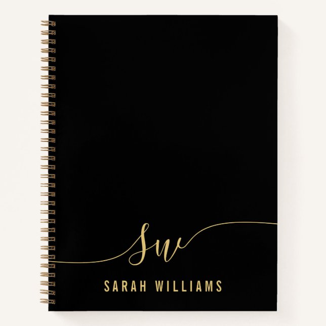 Elegant Black Gold Script Initial Monogram  Notebook (Front)