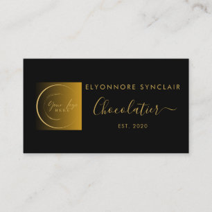Elegant Black Gold Script Logo Chocolatier Business Card