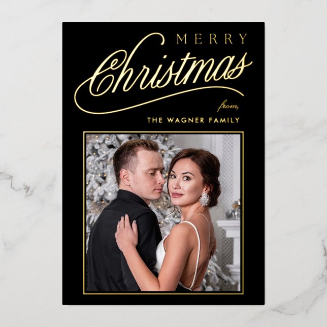 Elegant Black & Gold Script Merry Christmas Photo Foil Holiday Card (Front)