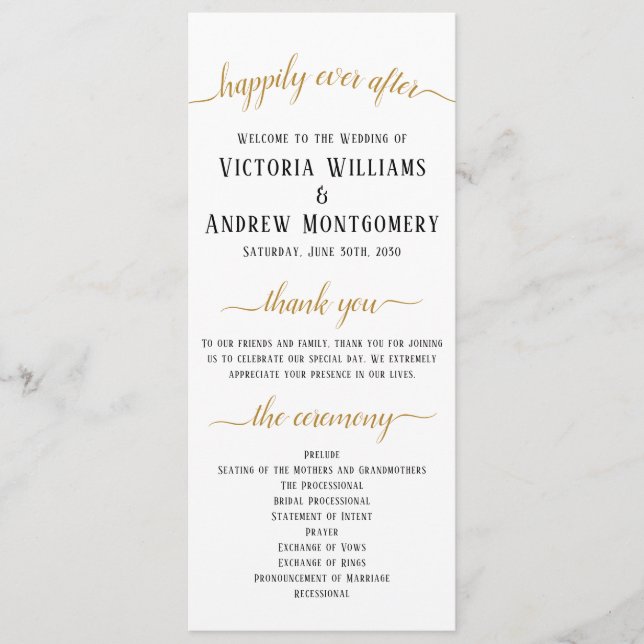 Elegant Black Gold Script Minimal Wedding Ceremony Programme (Front)