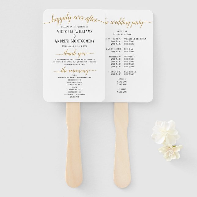 Elegant Black Gold Script Minimal Wedding Program Hand Fan (Front and Back)