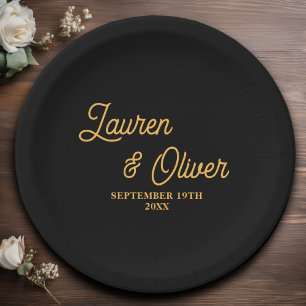 Elegant Black Gold Script Minimalist Wedding Paper Plate