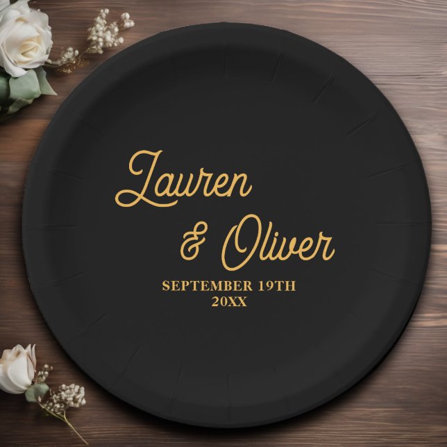 Elegant Black Gold Script Minimalist Wedding Paper Plate (Creator Uploaded)