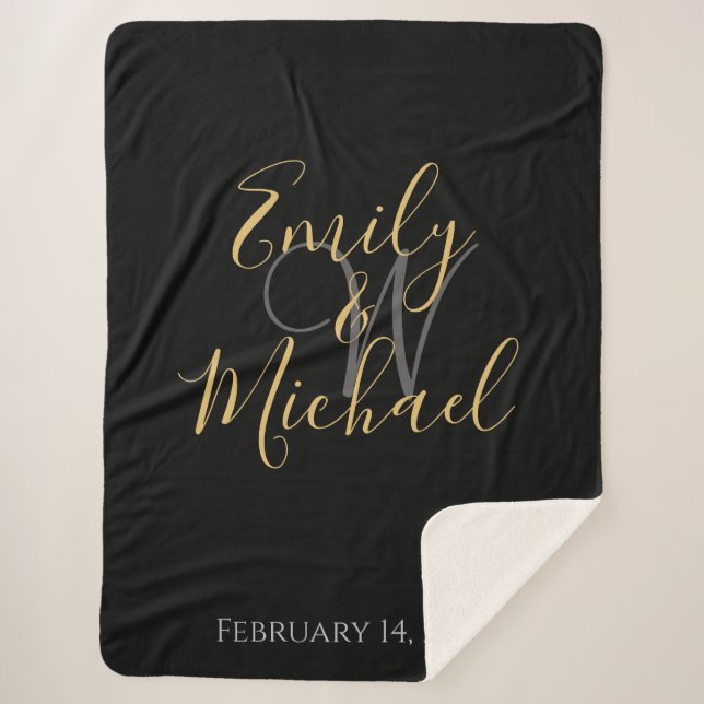 Elegant Black Gold Script Monogram Initial Wedding Sherpa Blanket (Front)
