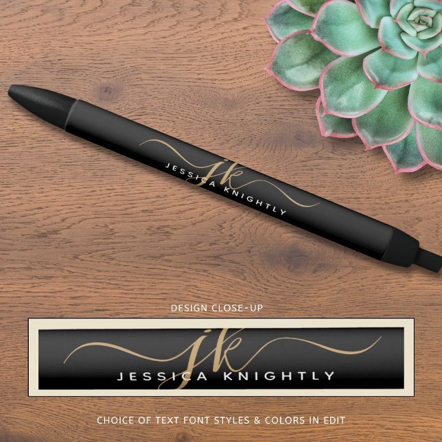 Elegant Black Gold Script Monogram Initials Name Black Ink Pen (Creator Uploaded)