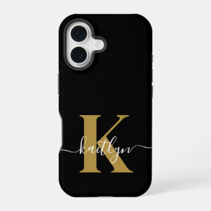Elegant Black Gold Script Monogram iPhone 16 Case