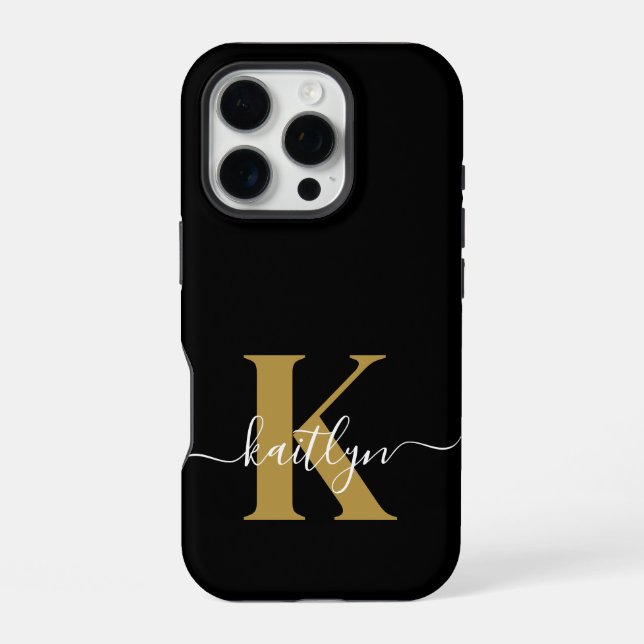 Elegant Black Gold Script Monogram iPhone Case (Back)