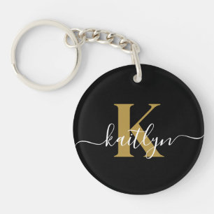 Elegant Black Gold Script Monogram Key Ring