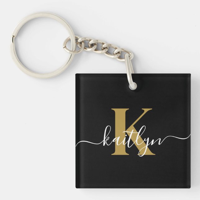 Elegant Black Gold Script Monogram Key Ring (Front)