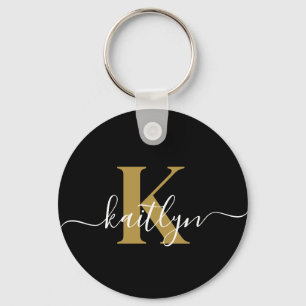 Elegant Black Gold Script Monogram Key Ring