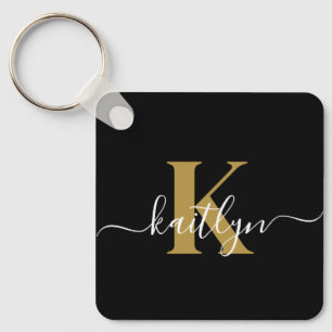 Elegant Black Gold Script Monogram Key Ring