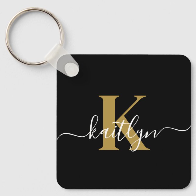 Elegant Black Gold Script Monogram Key Ring (Front)