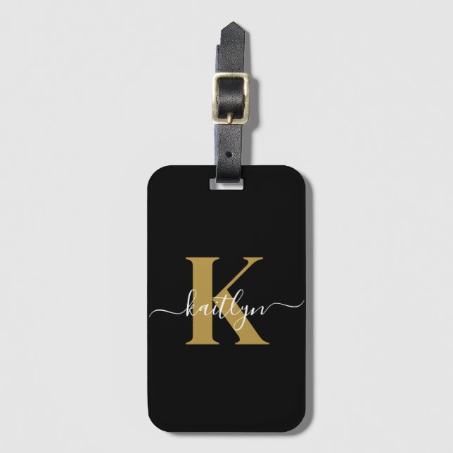 Elegant Black Gold Script Monogram Luggage Tag (Front Vertical)