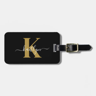 Elegant Black Gold Script Monogram Luggage Tag