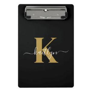 Elegant Black Gold Script Monogram Mini Clipboard