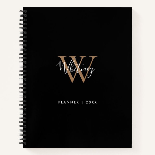 Elegant Black Gold Script Monogram Name Notebook (Front)