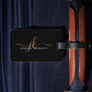 Elegant Black Gold Script Monogram Name Simple Luggage Tag