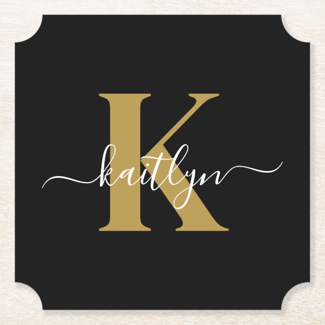 Elegant Black Gold Script Monogram Paper Coaster (Front)