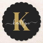 Elegant Black Gold Script Monogram Paper Coaster<br><div class="desc">These simple, elegant black round fluted edge paper coasters with your first name in a trendy script font in white typed over your first initial in a modern cap font in gold are perfect for keeping your tables and counters free from water rings. They absorb droplets so you don't have...</div>