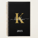 Elegant Black Gold Script Monogram Planner<br><div class="desc">This simple, elegant black 5.5 x 8.5 soft planner with your first name in a trendy script font in white typed over your first initial in a modern cap font in gold is perfect for you. It's stylish and trendy and yet very classic. It will make keeping appointments, meetings, deadlines,...</div>
