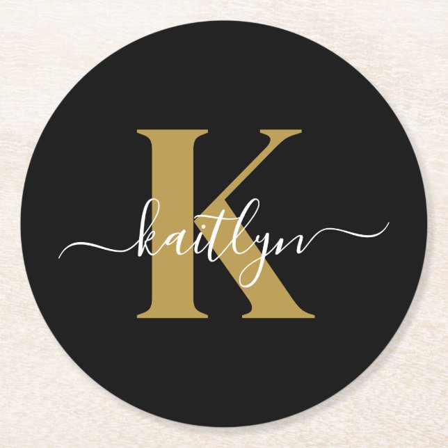 Elegant Black Gold Script Monogram Round Paper Coaster (Front)