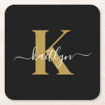 Elegant Black Gold Script Monogram Square Paper Coaster<br><div class="desc">These simple, elegant black square paper coasters with your first name in a trendy script font in white typed over your first initial in a modern cap font in gold are perfect for keeping your tables and counters free from water rings. They absorb droplets so you don't have to worry...</div>
