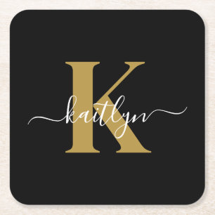 Elegant Black Gold Script Monogram Square Paper Coaster