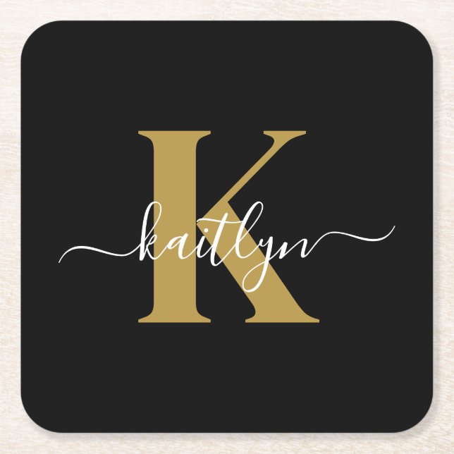 Elegant Black Gold Script Monogram Square Paper Coaster (Front)
