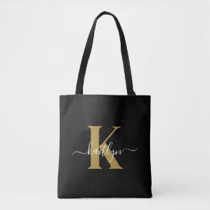 Elegant Black Gold Script Monogram Tote Bag