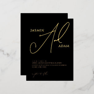 Elegant Black Gold Script Monogram Wedding Foil Invitation Postcard