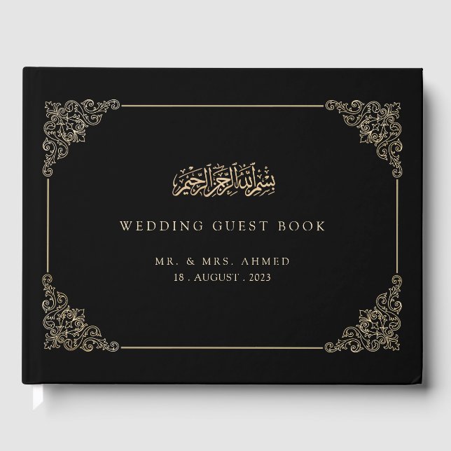Elegant Black Gold Script Muslim Wedding Guest Book (Front)