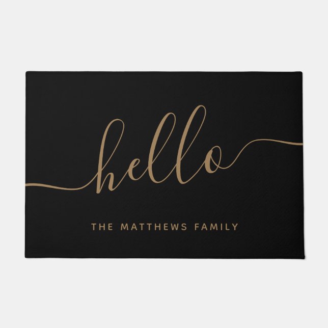 Elegant Black Gold Script Name Hello Welcome  Doormat (Front)
