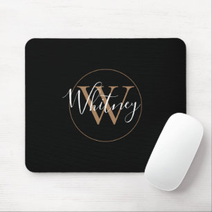 Elegant Black Gold Script Name Monogram Mouse Pad