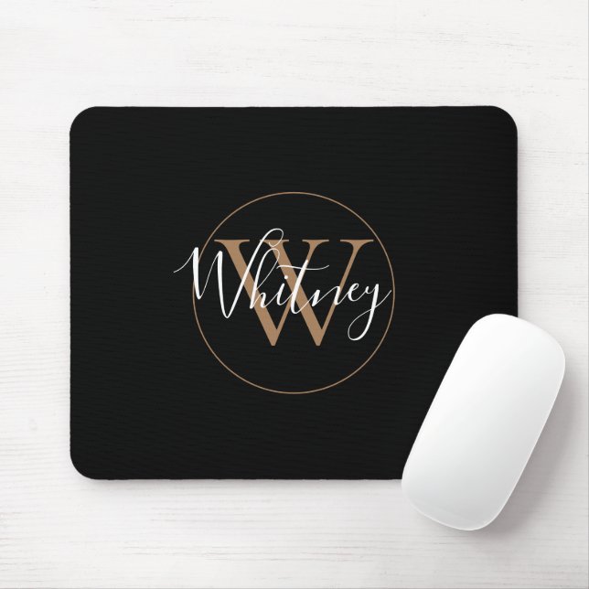 Elegant Black Gold Script Name Monogram Mouse Pad (With Mouse)